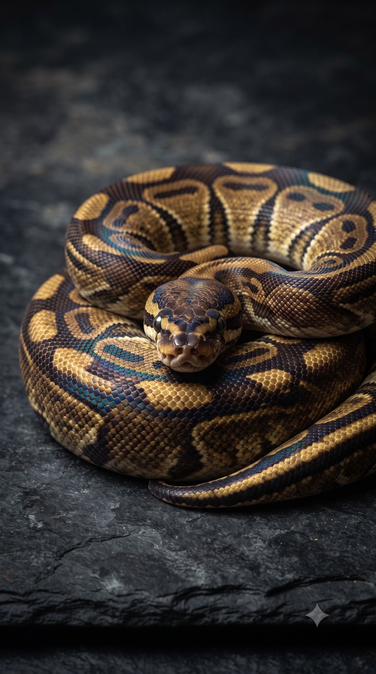 Ball python coiled on dark stone