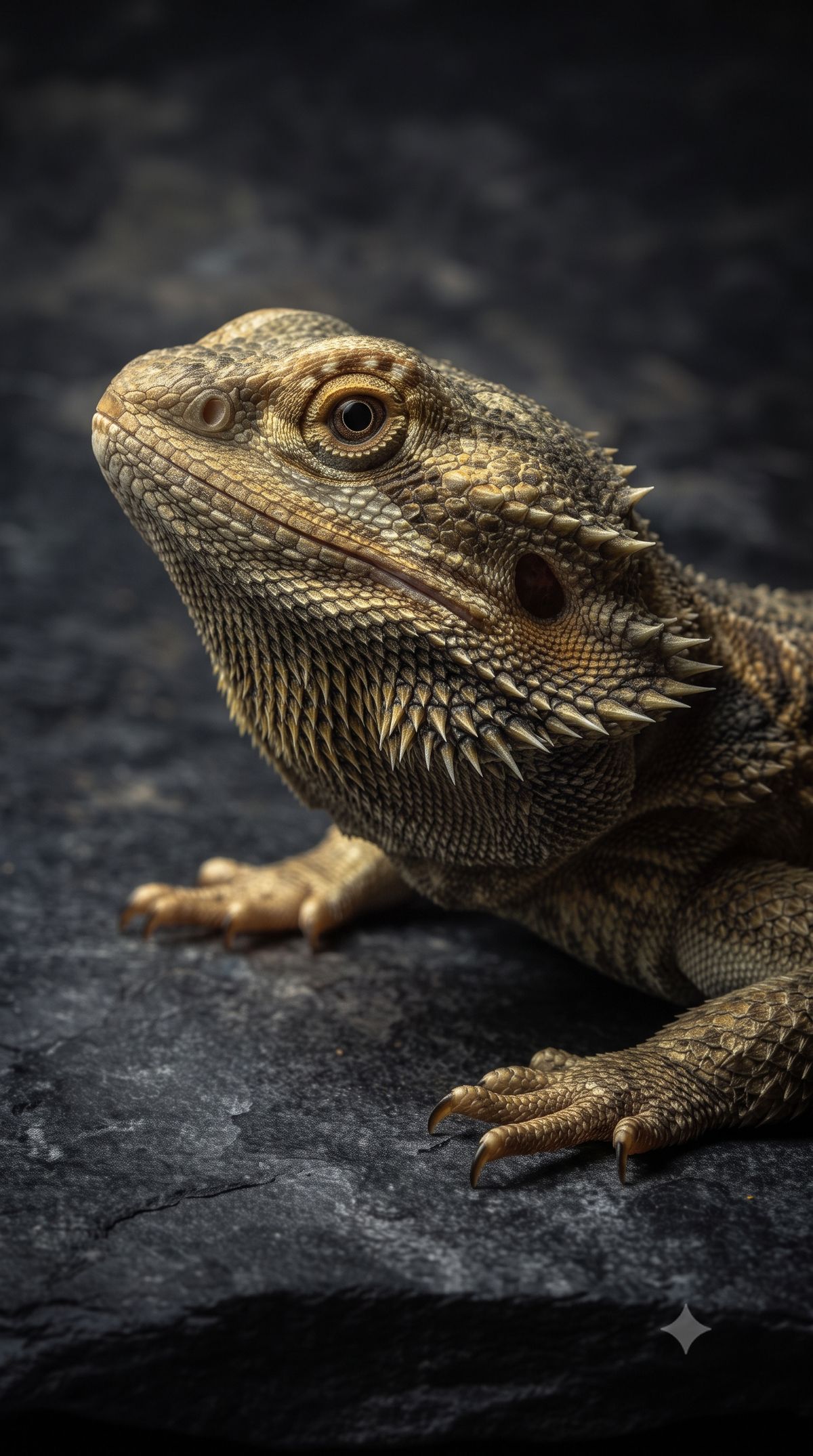 Bearded dragon in three-quarter profile on dark rock
