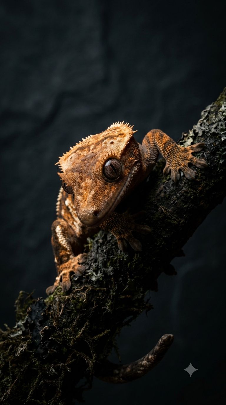 Crested gecko resting on a mossy branch